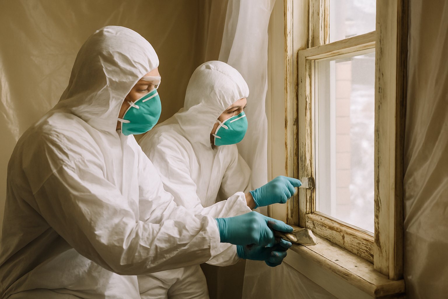 Workers in protective suits removing old paint behind plastic sheeting