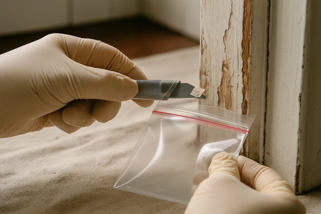 A gloved hand cutting a small paint chip sample from an old door frame into a plain sample bag