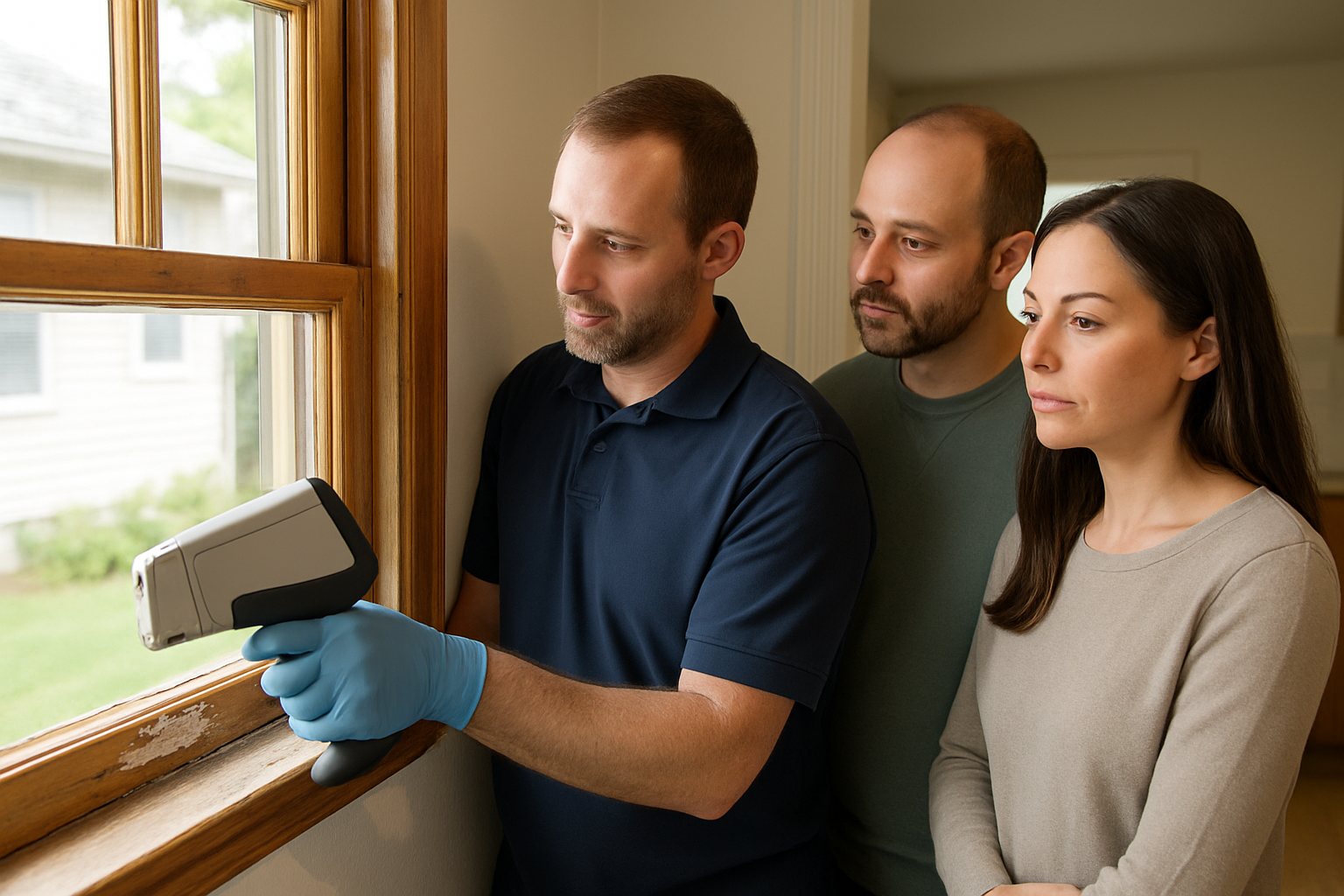 Homeowner and a certified inspector looking at painted window trim in an older house