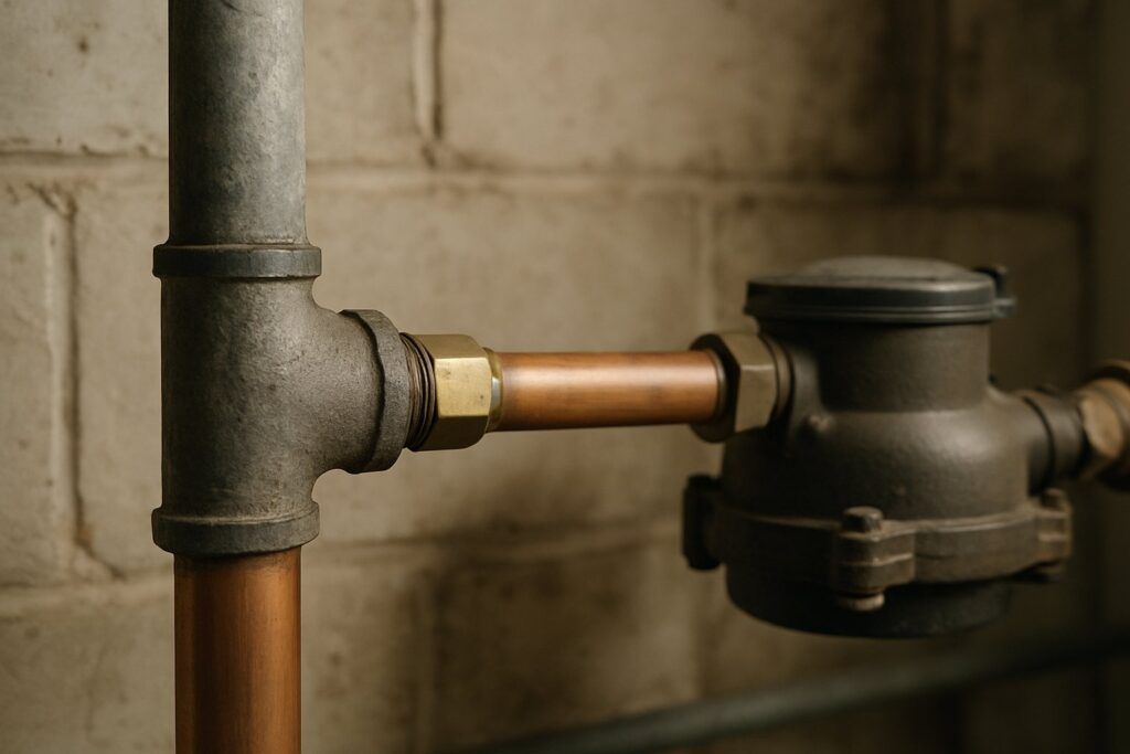 Old grey lead and newer copper pipes side by side