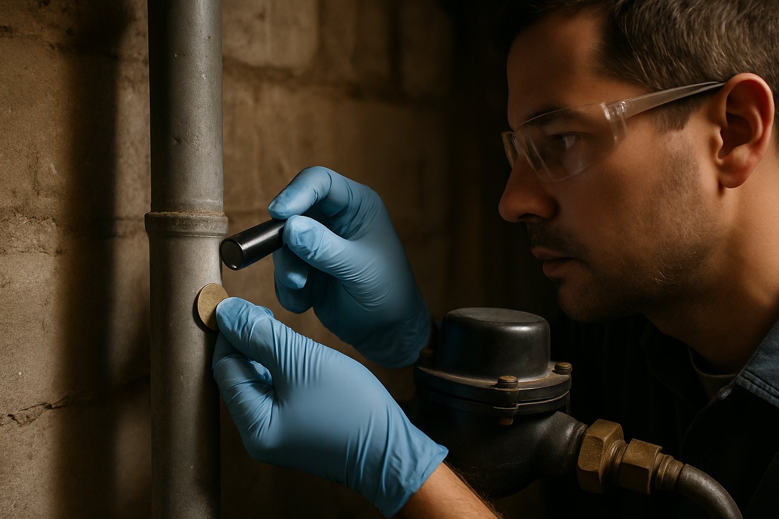 A homeowner checking a service pipe near the water meter in a basement