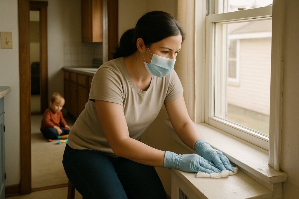 A family wiping window sills during cleaning
