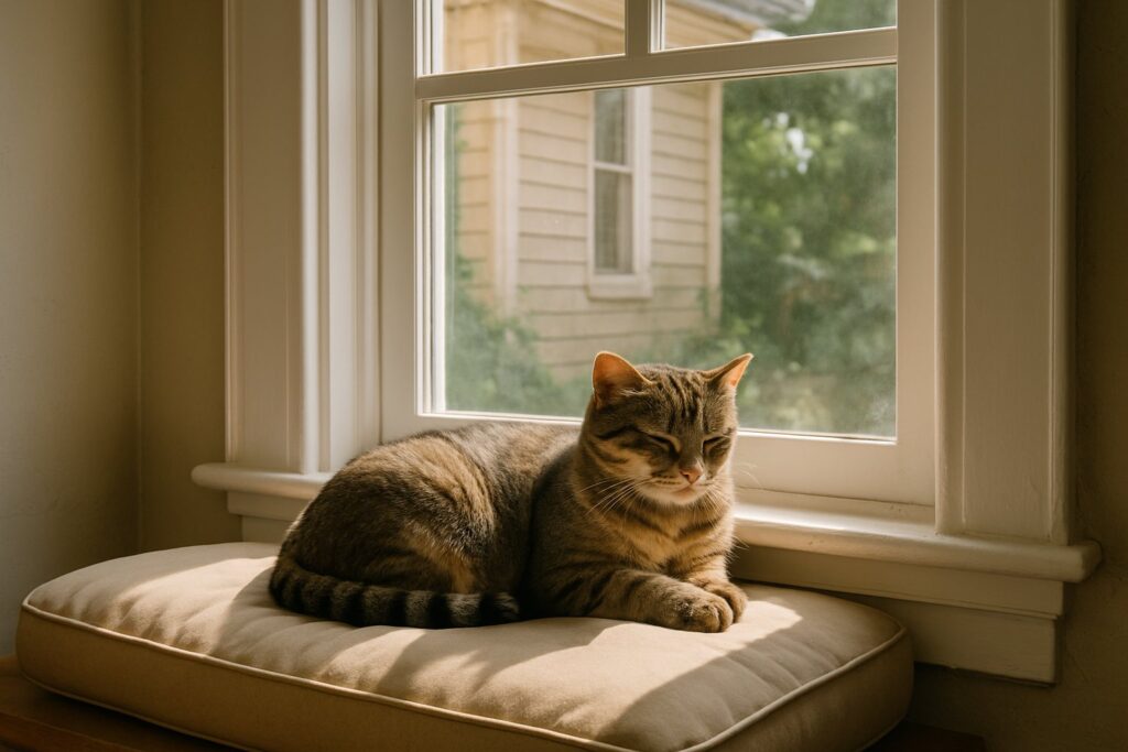 A cat resting near a sunny window in an older home