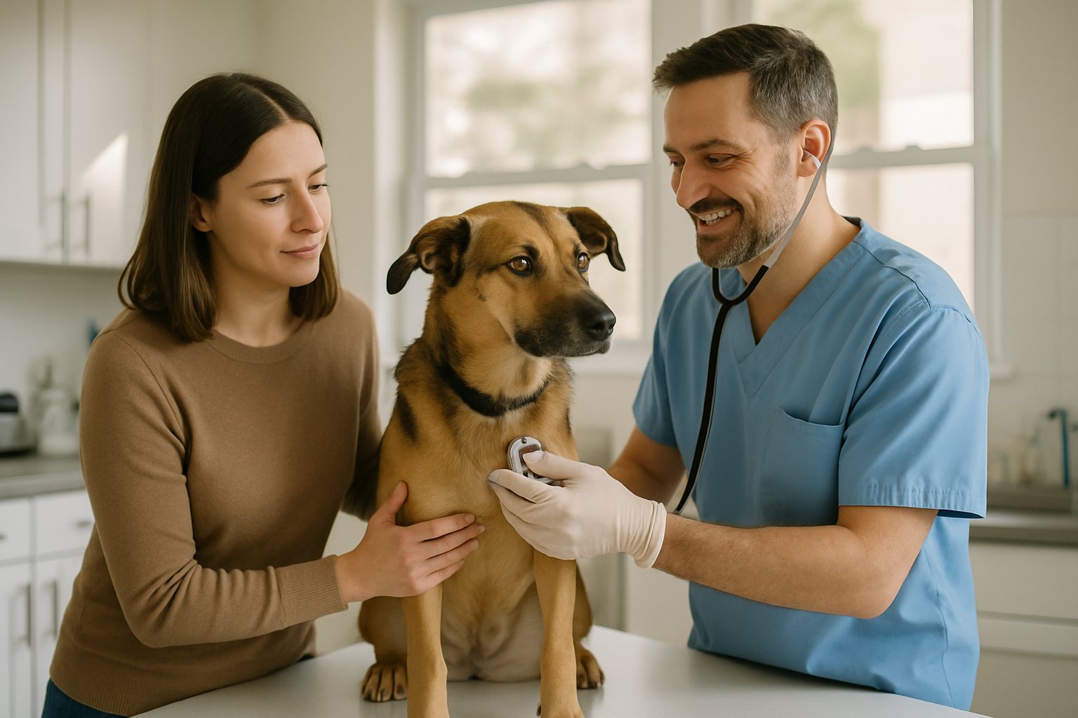 A veterinarian examining a dog with its owner