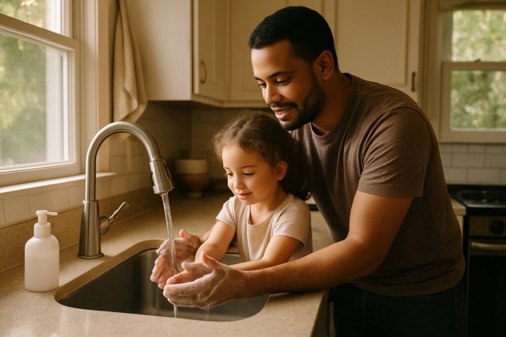 A family washing hands at a kitchen sink