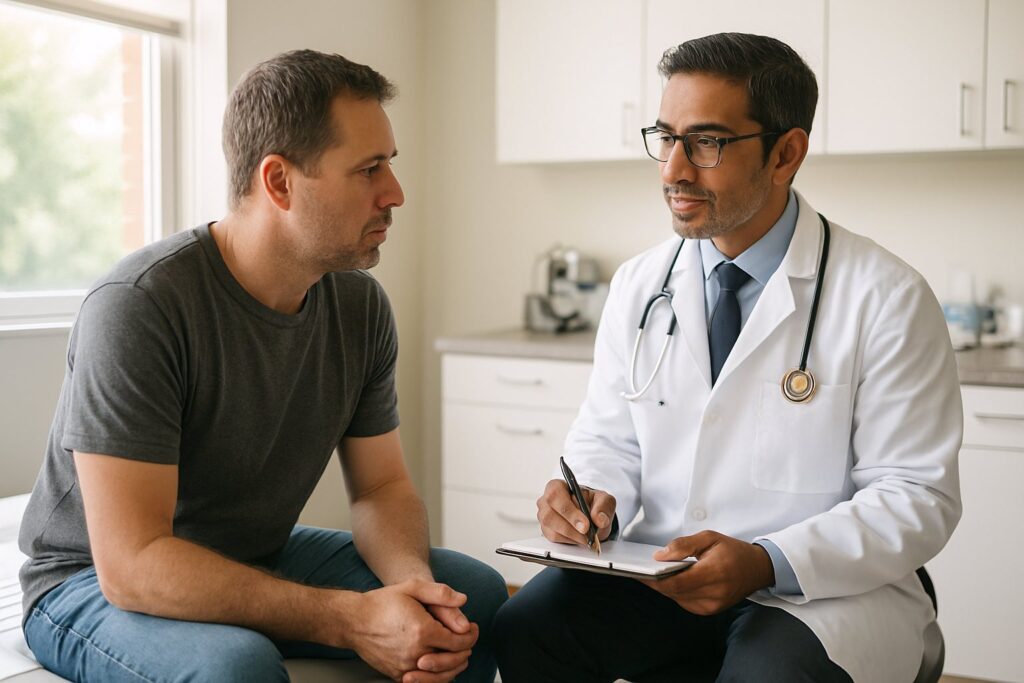 A doctor talking with an adult patient in a clinic