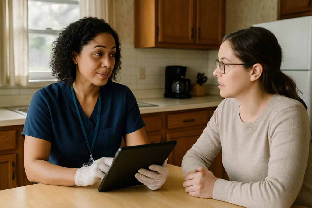 A health department nurse visiting a family at home