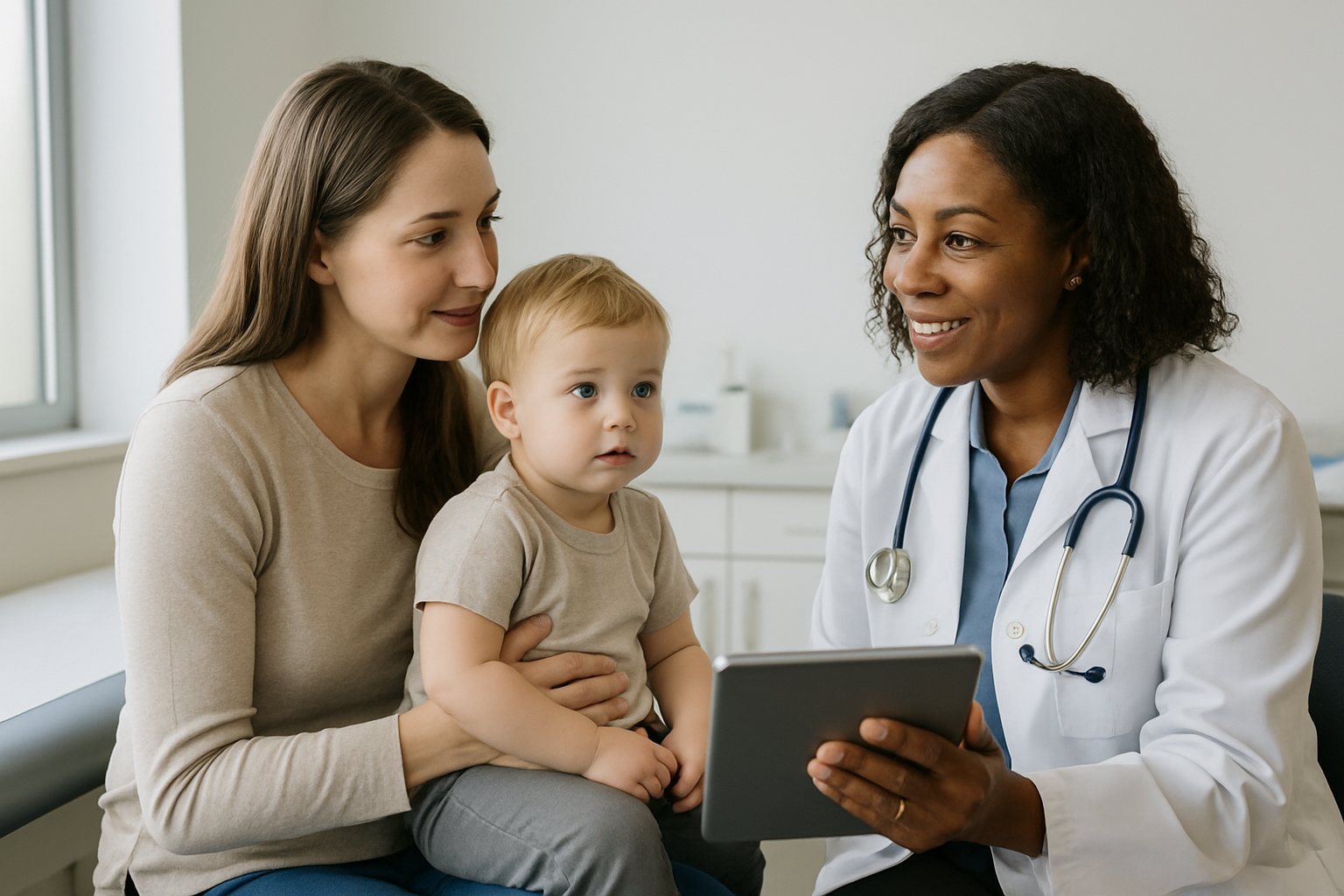 A parent and young child at a pediatrician's office