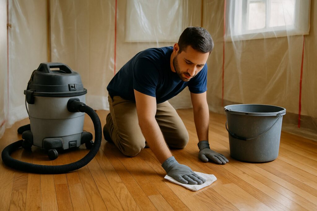 A contractor wet-wiping a floor after renovation work