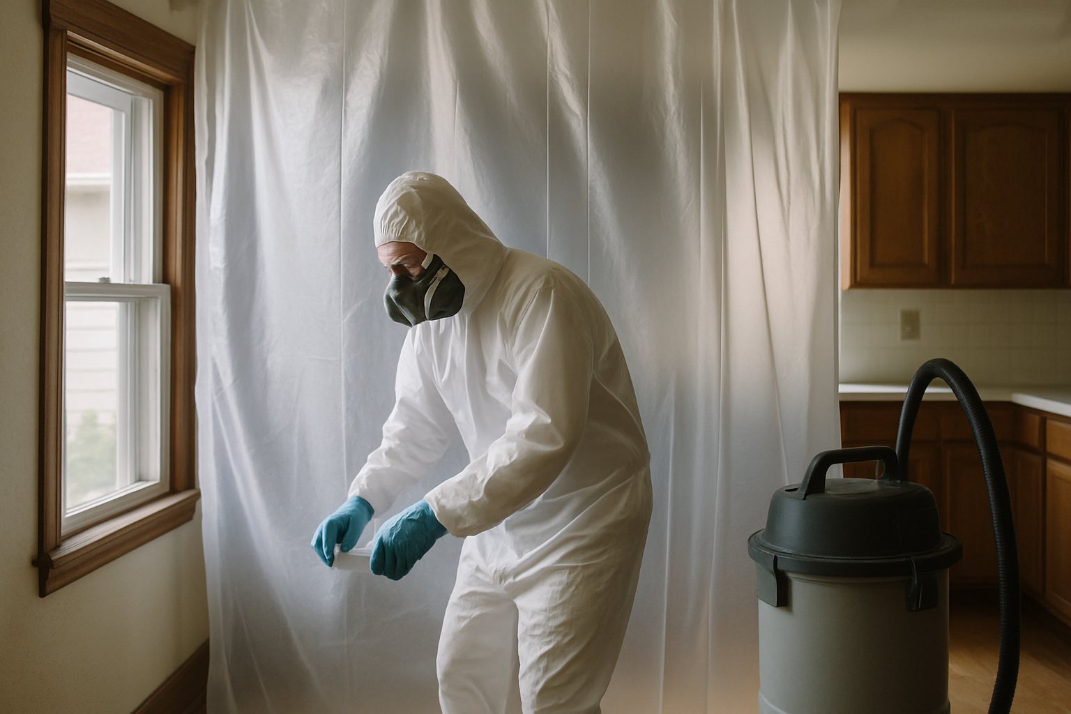 A renovation crew working lead-safe with plastic sheeting