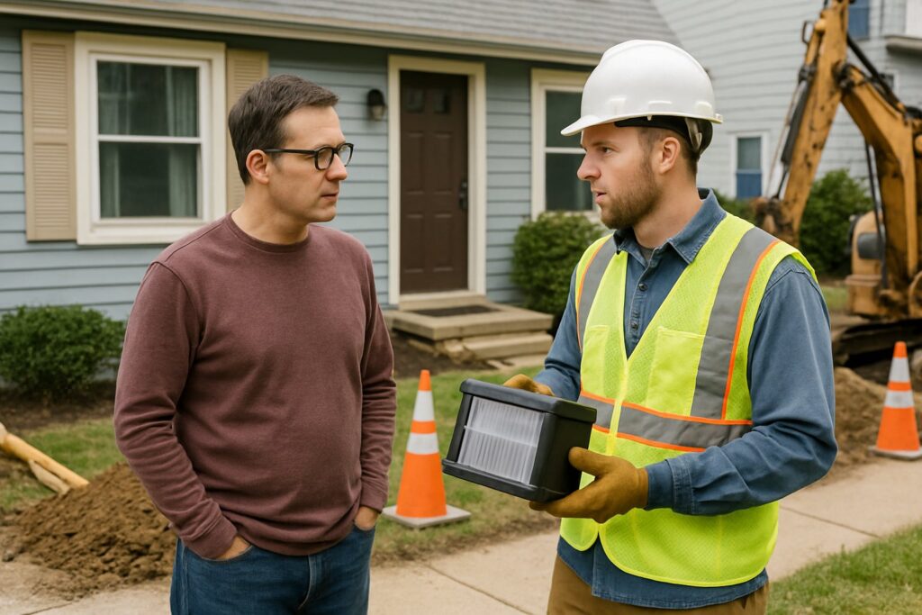 A homeowner talking with a utility worker on the sidewalk