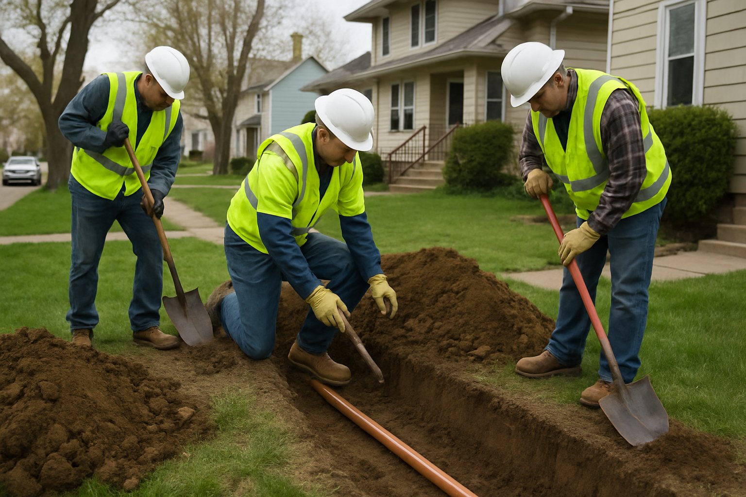 A utility crew replacing a water service line in a front yard