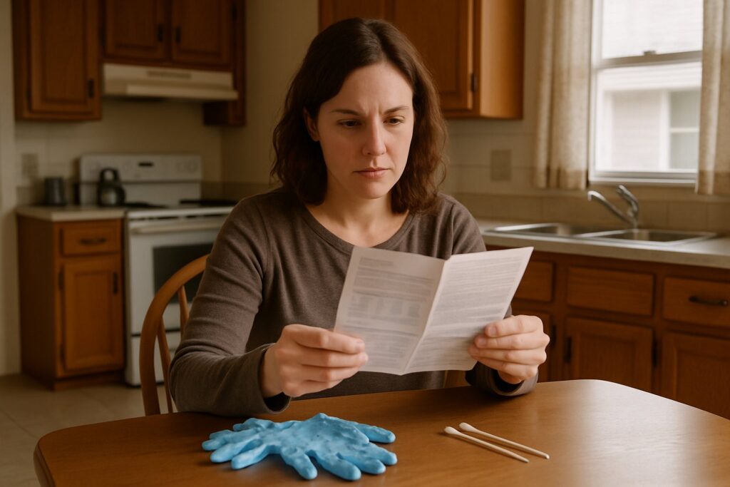 A woman reading the instructions of a home lead test kit