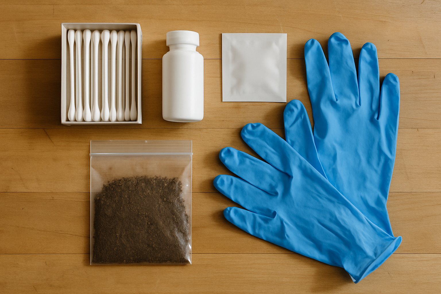 Different lead test kits laid out on a workbench