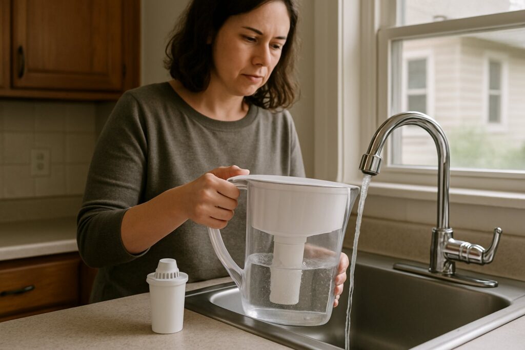 A pitcher water filter being filled at a kitchen sink