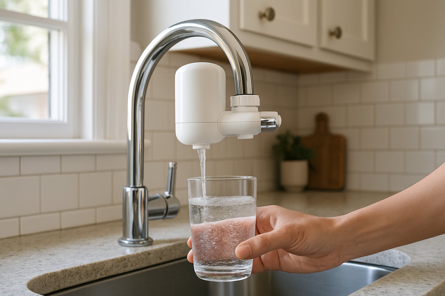 A faucet-mounted water filter on a kitchen sink