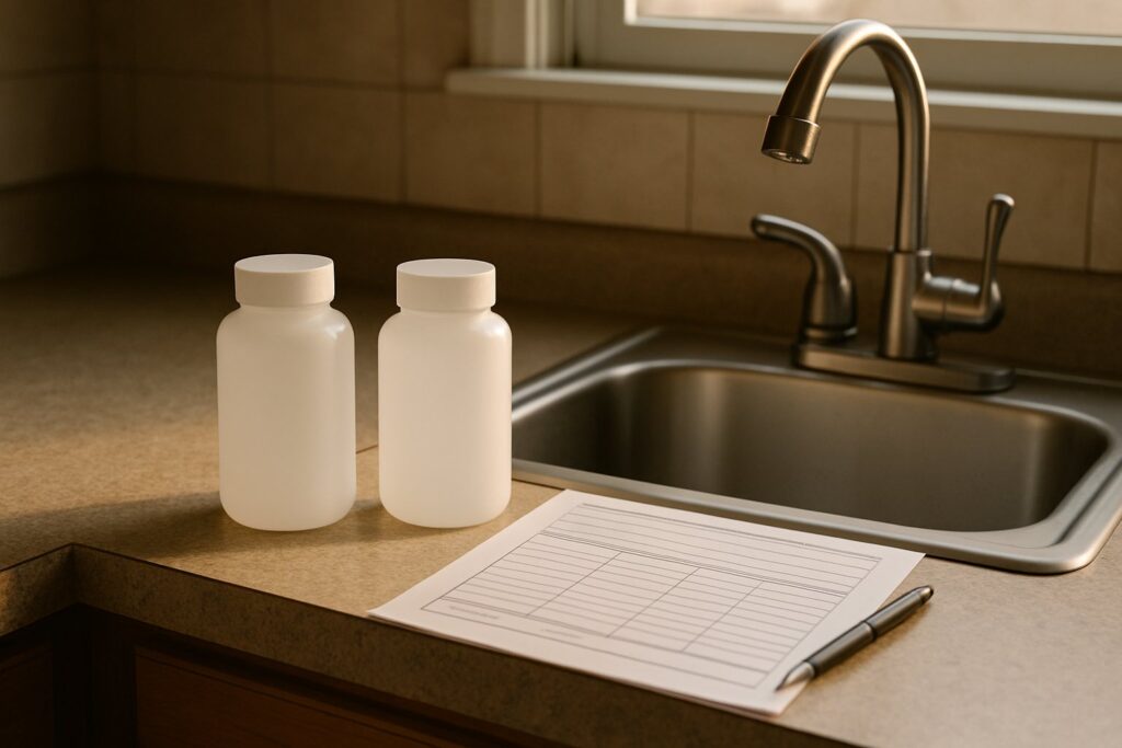 Sample bottles and a sampling sheet on a kitchen counter next to the tap