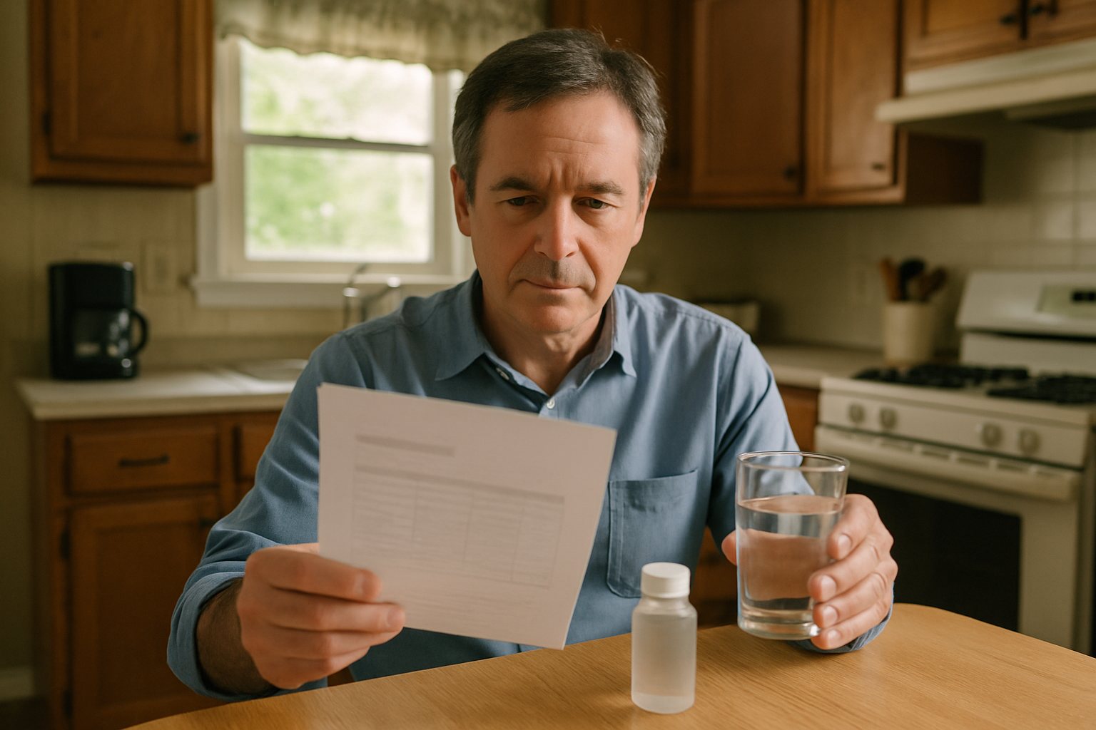 A man reading water test results at his kitchen table