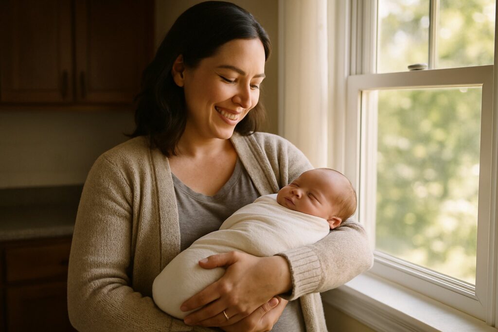 Mother holding her swaddled newborn by a sunny window
