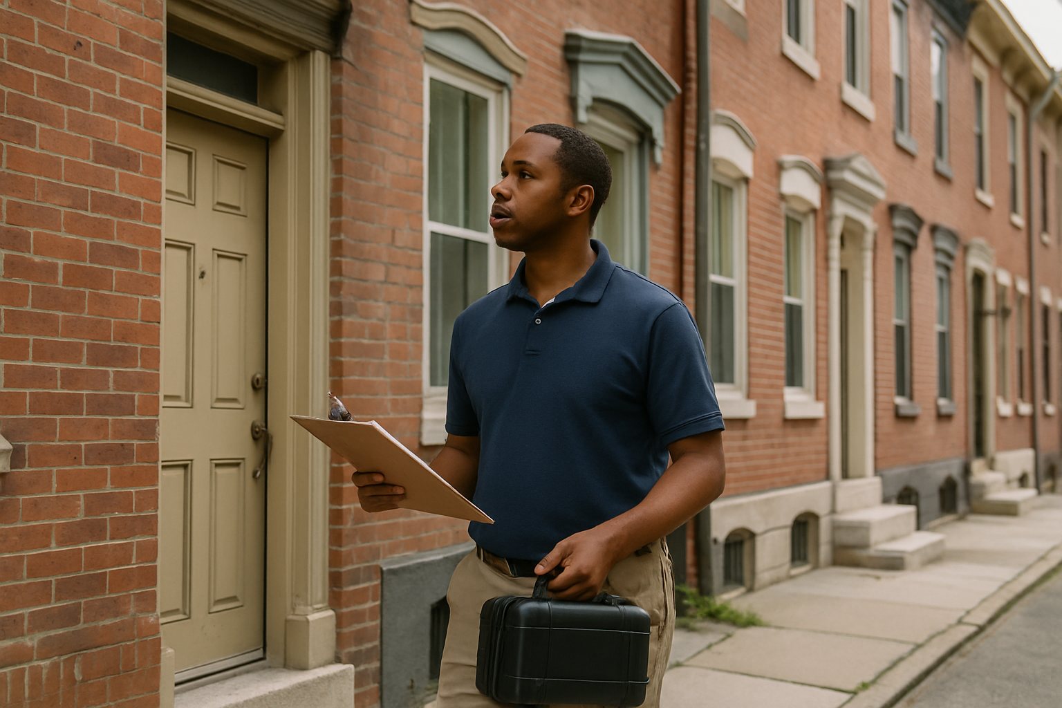 Lead inspector with a clipboard outside a row of older brick row houses