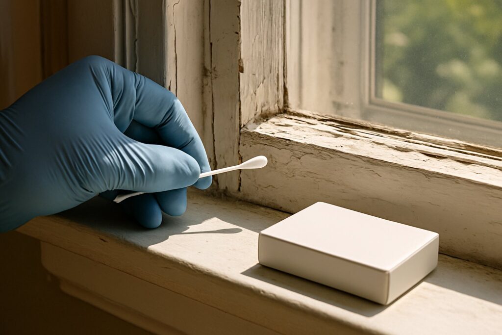Gloved hand checking a swab against old painted window trim at home