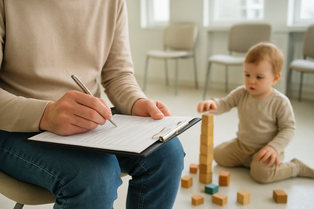 Parent filling in a clipboard form in a clinic waiting room with a toddler beside them