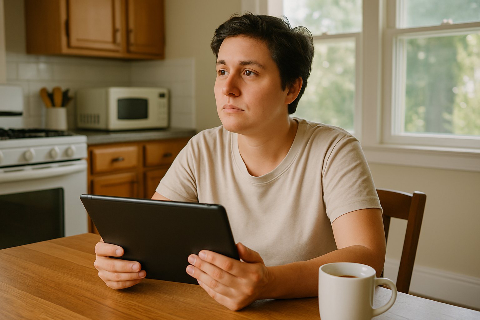 Parent at a sunny kitchen table looking at a tablet with a calm expression