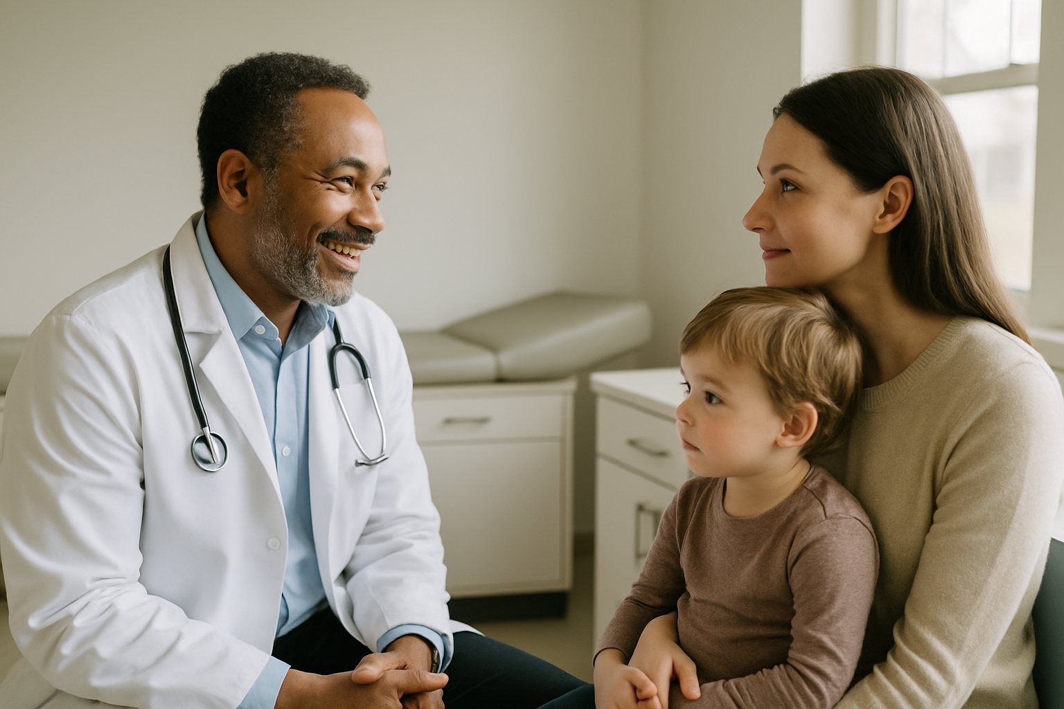 Pediatrician talking with a parent and child in an exam room