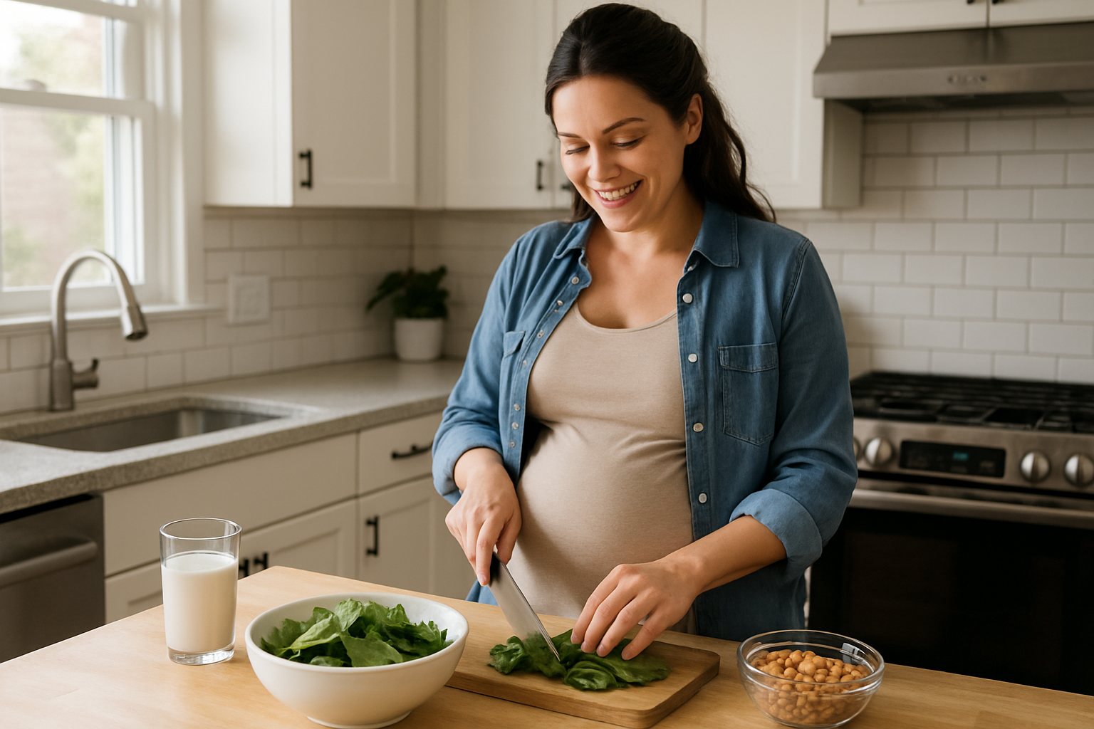 Pregnant woman preparing a healthy meal in a bright kitchen