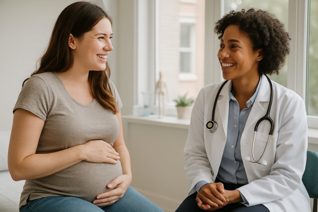 Pregnant woman talking with her doctor in a calm clinic room