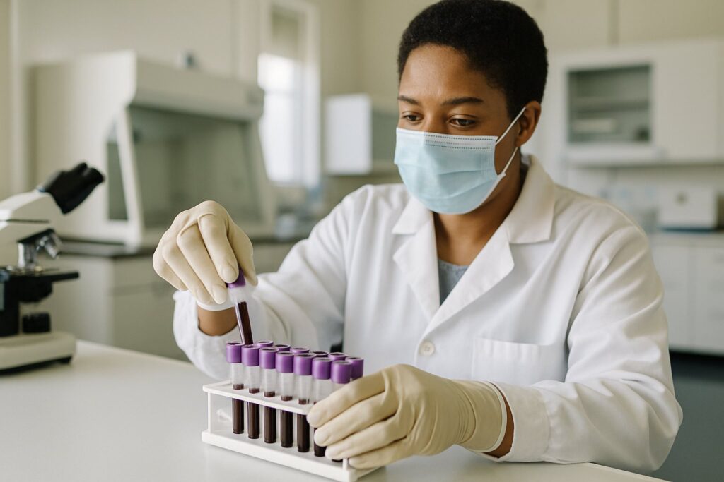 Public health lab technician handling blood sample tubes
