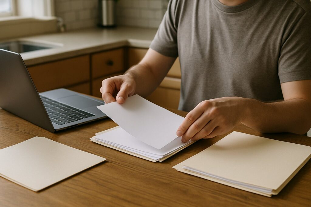 Parent organizing medical and housing records at a kitchen table