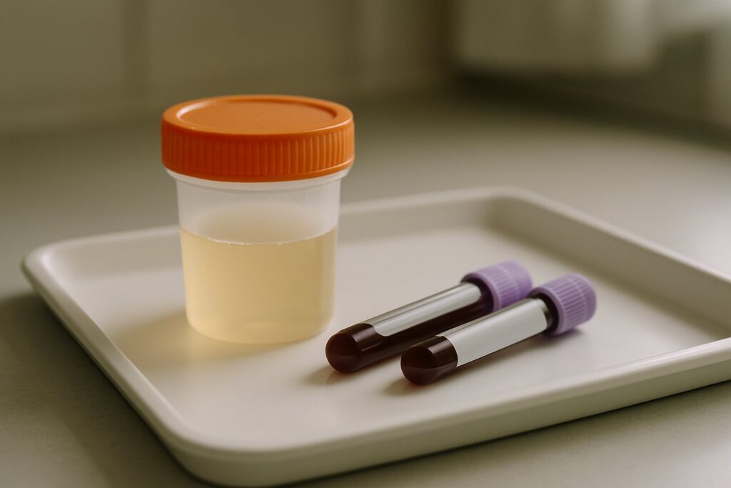 Urine sample cup and blood tubes side by side on a lab tray