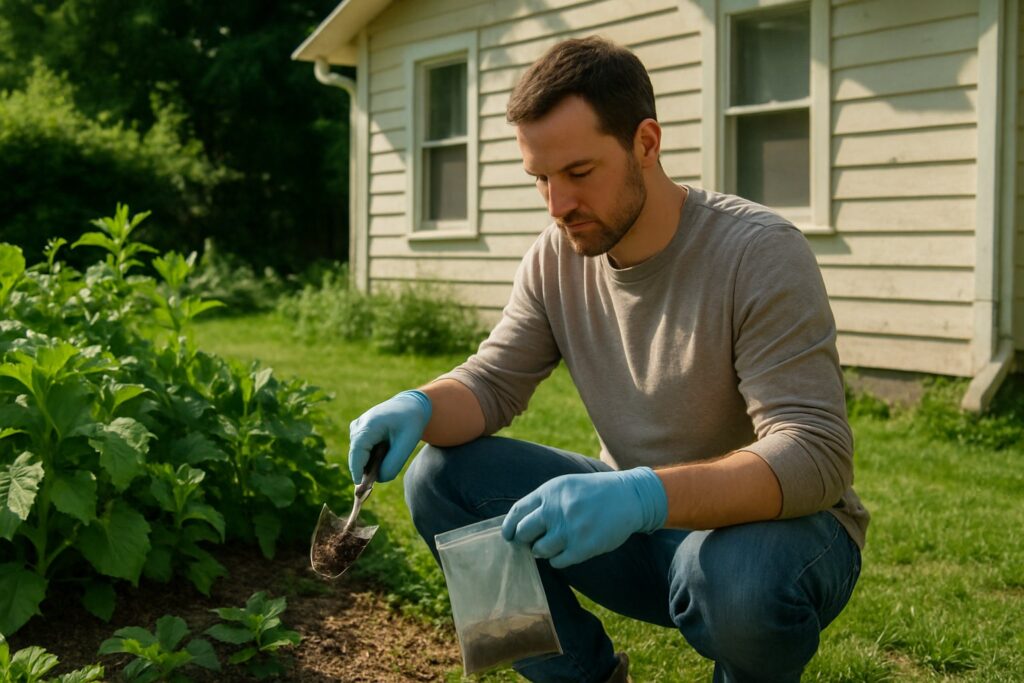 A man collecting a soil sample from a garden bed