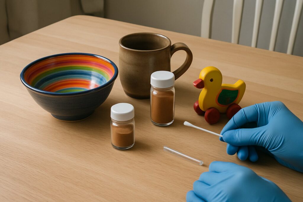 Ceramic dishes, a spice jar and a toy laid out for lead checking