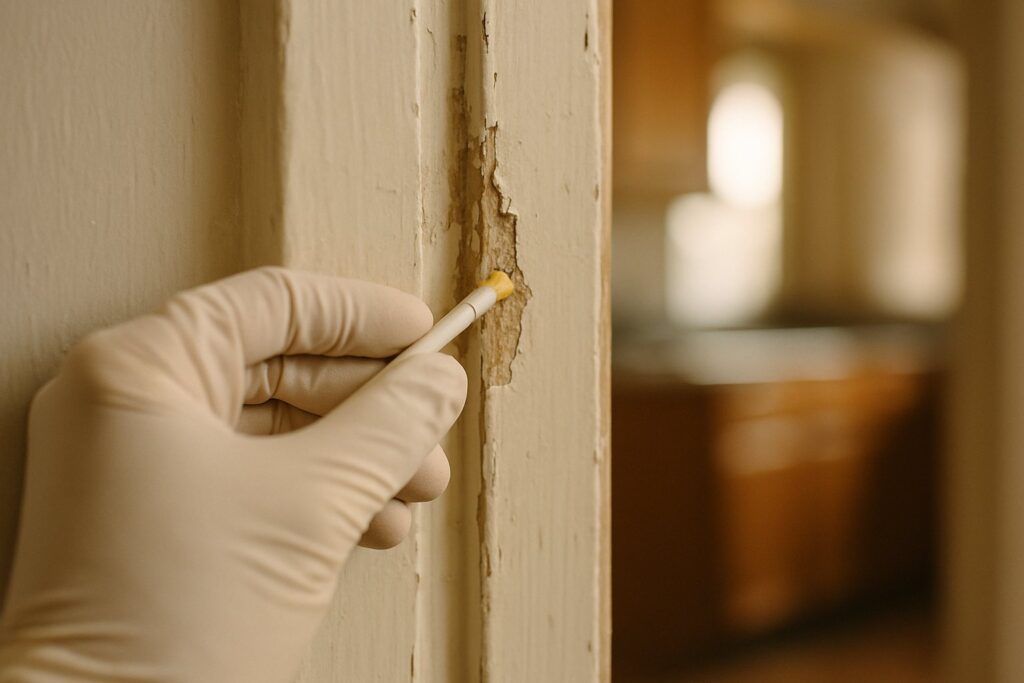 Gloved hand testing old door trim paint with a lead test swab