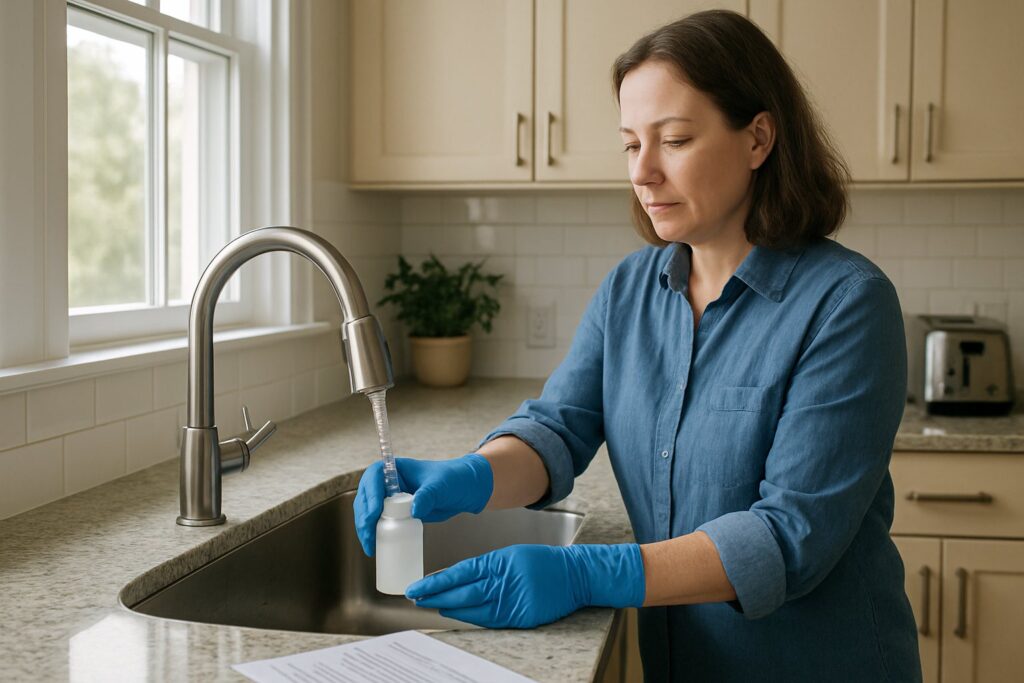A woman filling a sample bottle at a kitchen tap