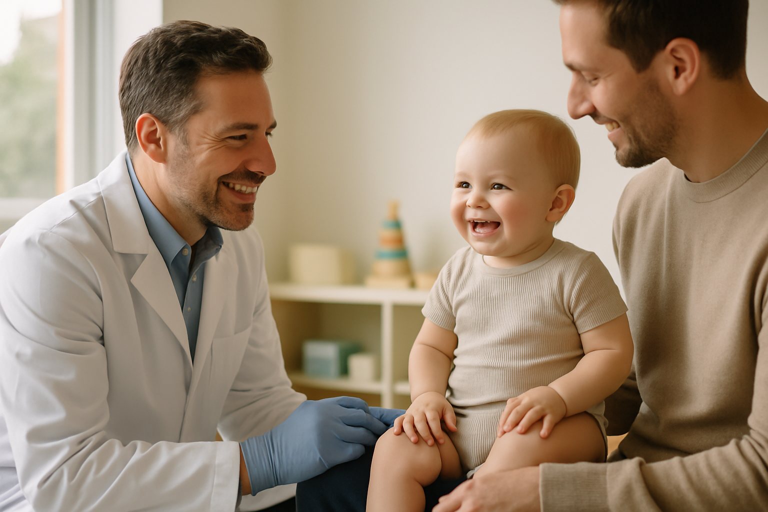 Pediatrician greeting a smiling toddler on a parent's lap at a well-child visit