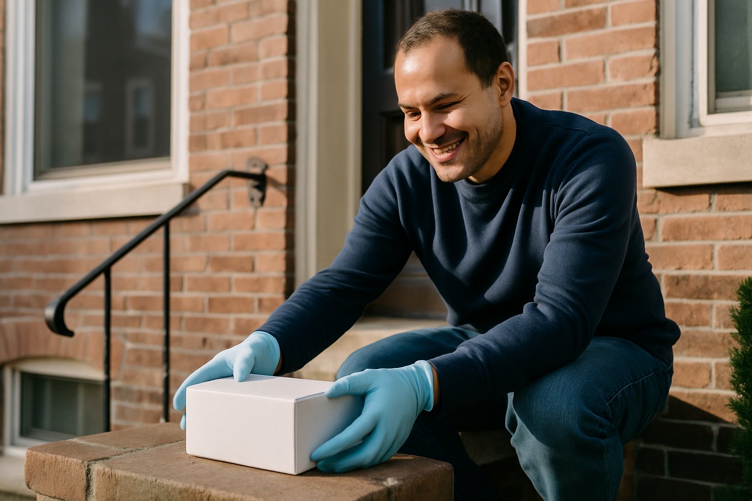 Resident picking up a water sample kit box from the front porch