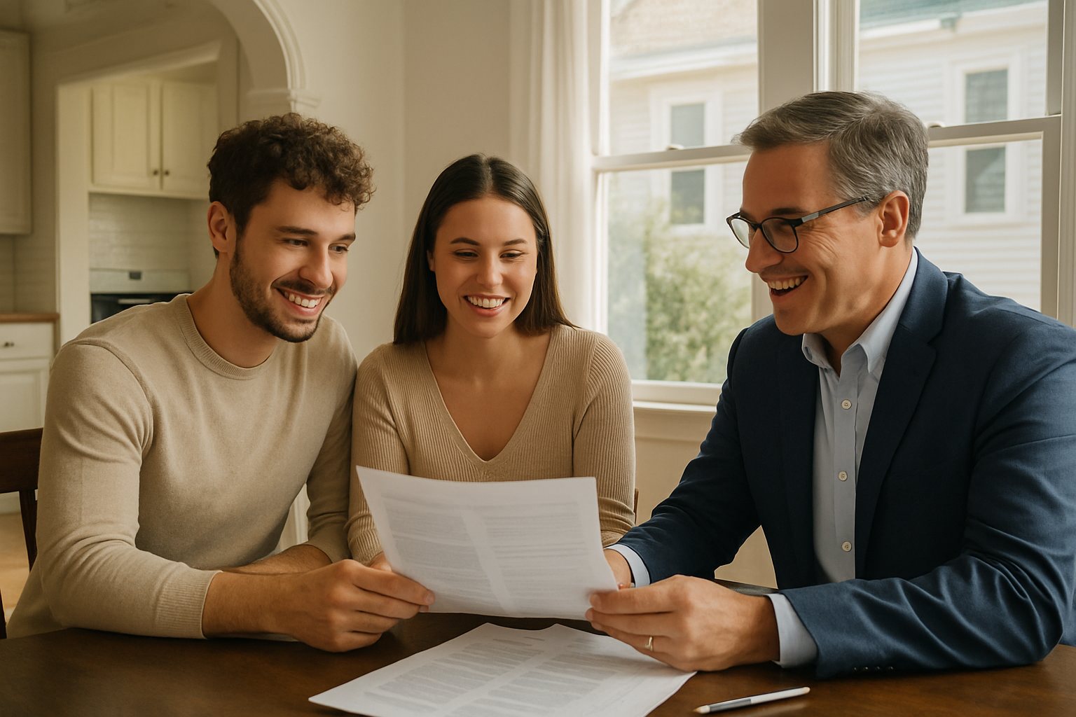 Buyers and an agent reviewing papers at a table in an older home