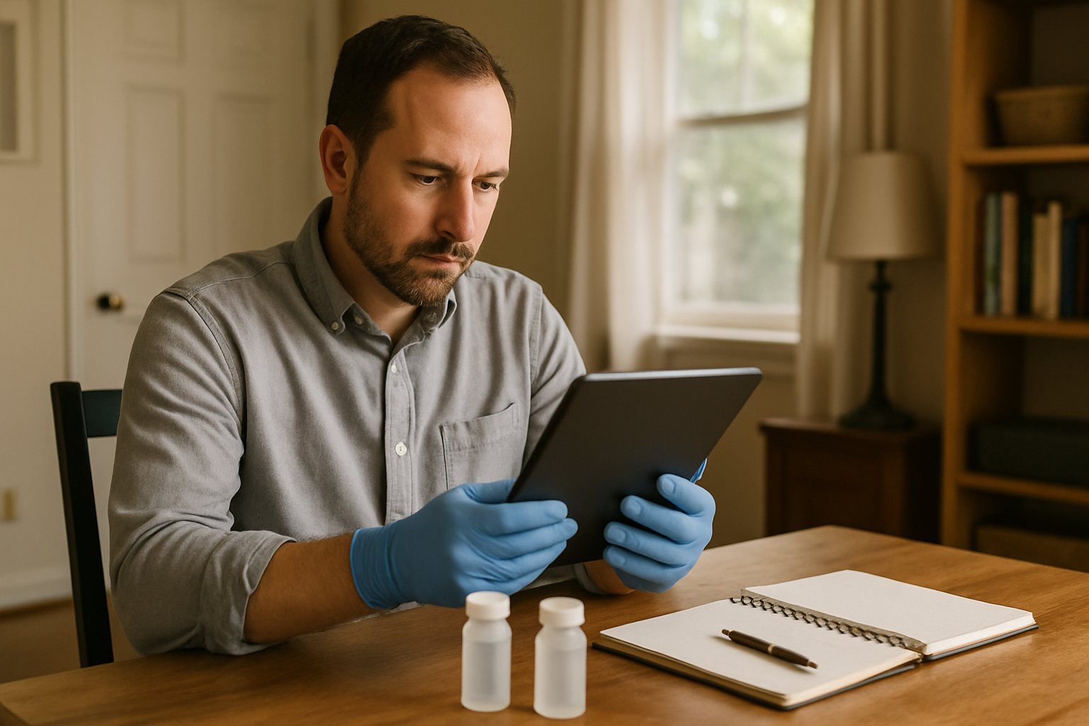 Person comparing results on a tablet with water sample bottles nearby