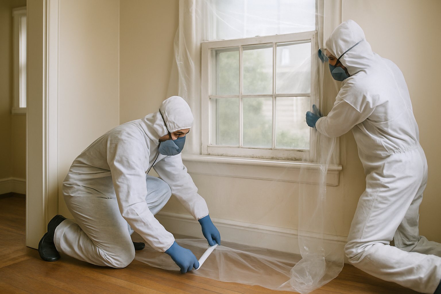 Renovation crew covering the floor with plastic sheeting before replacing an old window