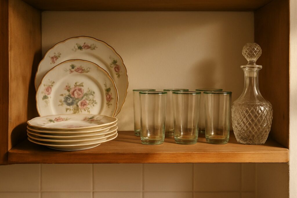 Vintage china, decorated glasses and a crystal decanter on an open kitchen shelf