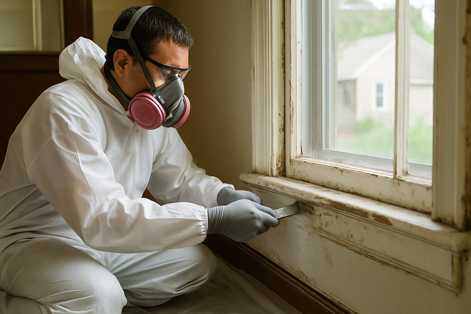 Renovation worker in a respirator and coveralls working on old painted trim